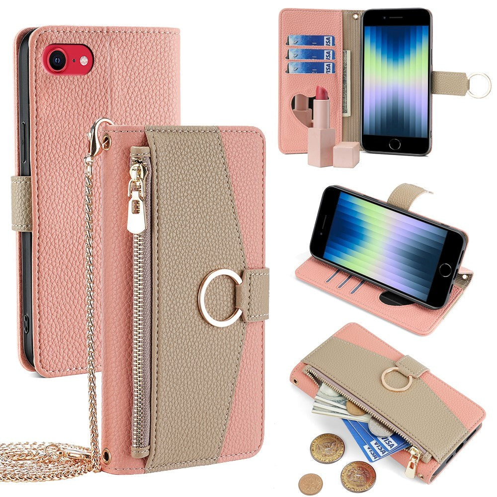 iPhone SE (2022 / 2020) / 8 / 7 Læder 2-i-1 Cover m. Pung & Crossbody Taske Funktion - Lyserød