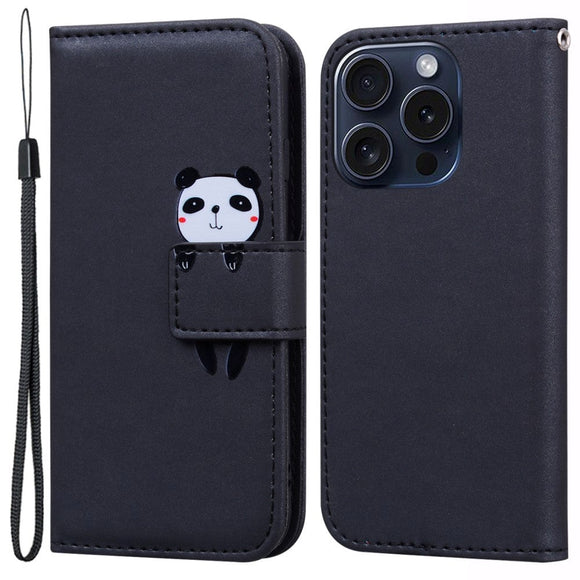 iPhone 15 Pro Flip Cover m. Kortholder / Ståfunktion / Strop - Sort (Panda)