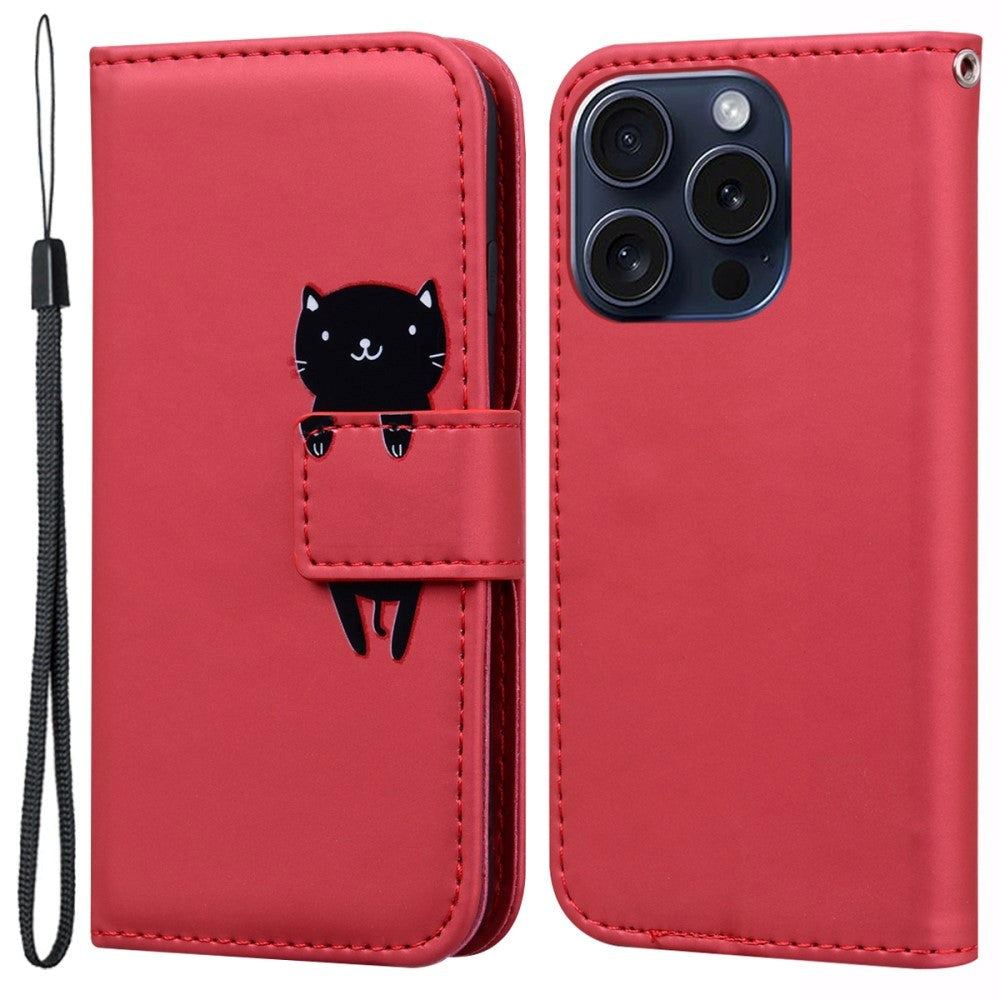 iPhone 15 Pro Flip Cover m. Kortholder / Ståfunktion / Strop - Rød (Kat)