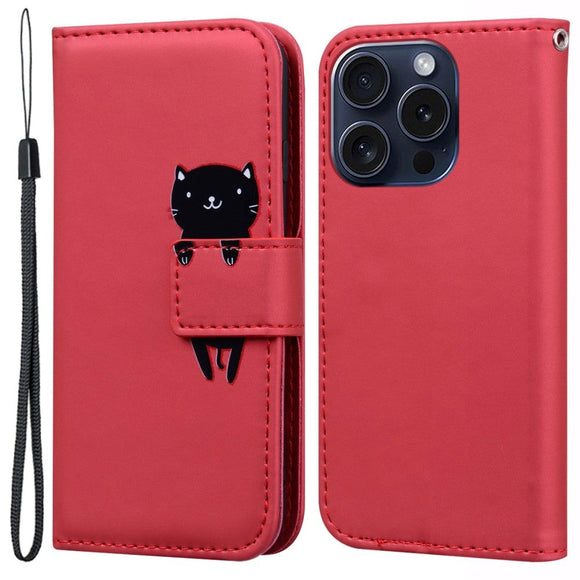 iPhone 15 Pro Flip Cover m. Kortholder / Ståfunktion / Strop - Rød (Kat)