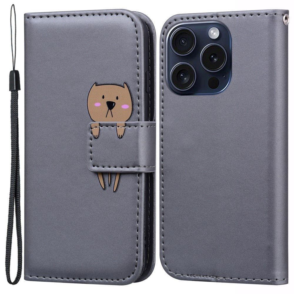 iPhone 15 Pro Flip Cover m. Kortholder / Ståfunktion / Strop - Grå (Hund)