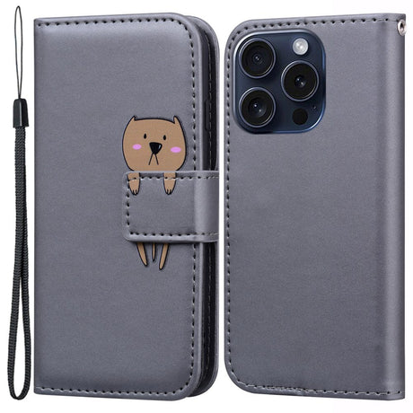 iPhone 15 Pro Flip Cover m. Kortholder / Ståfunktion / Strop - Grå (Hund)