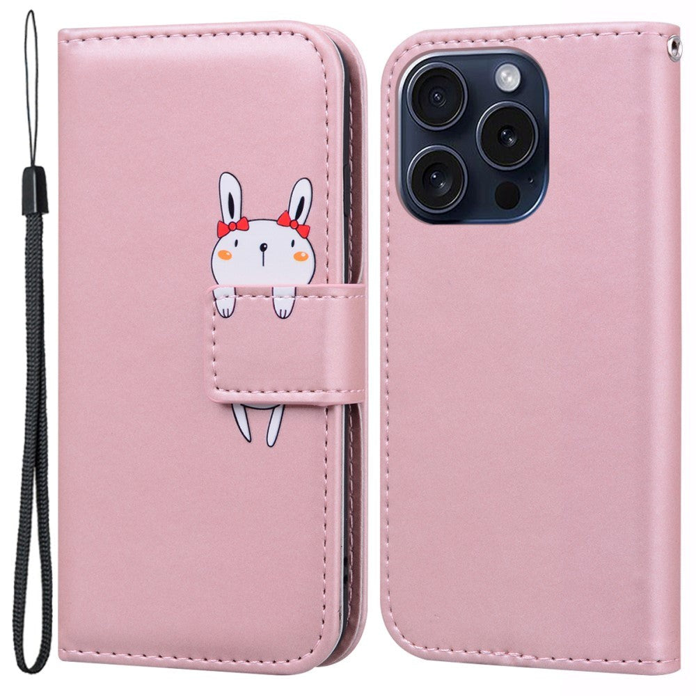 iPhone 15 Pro Flip Cover m. Kortholder / Ståfunktion / Strop - Pink (Kanin)