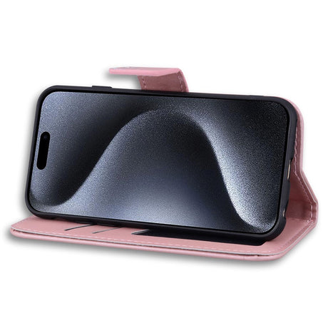 iPhone 15 Pro Flip Cover m. Kortholder / Ståfunktion / Strop - Pink (Kanin)
