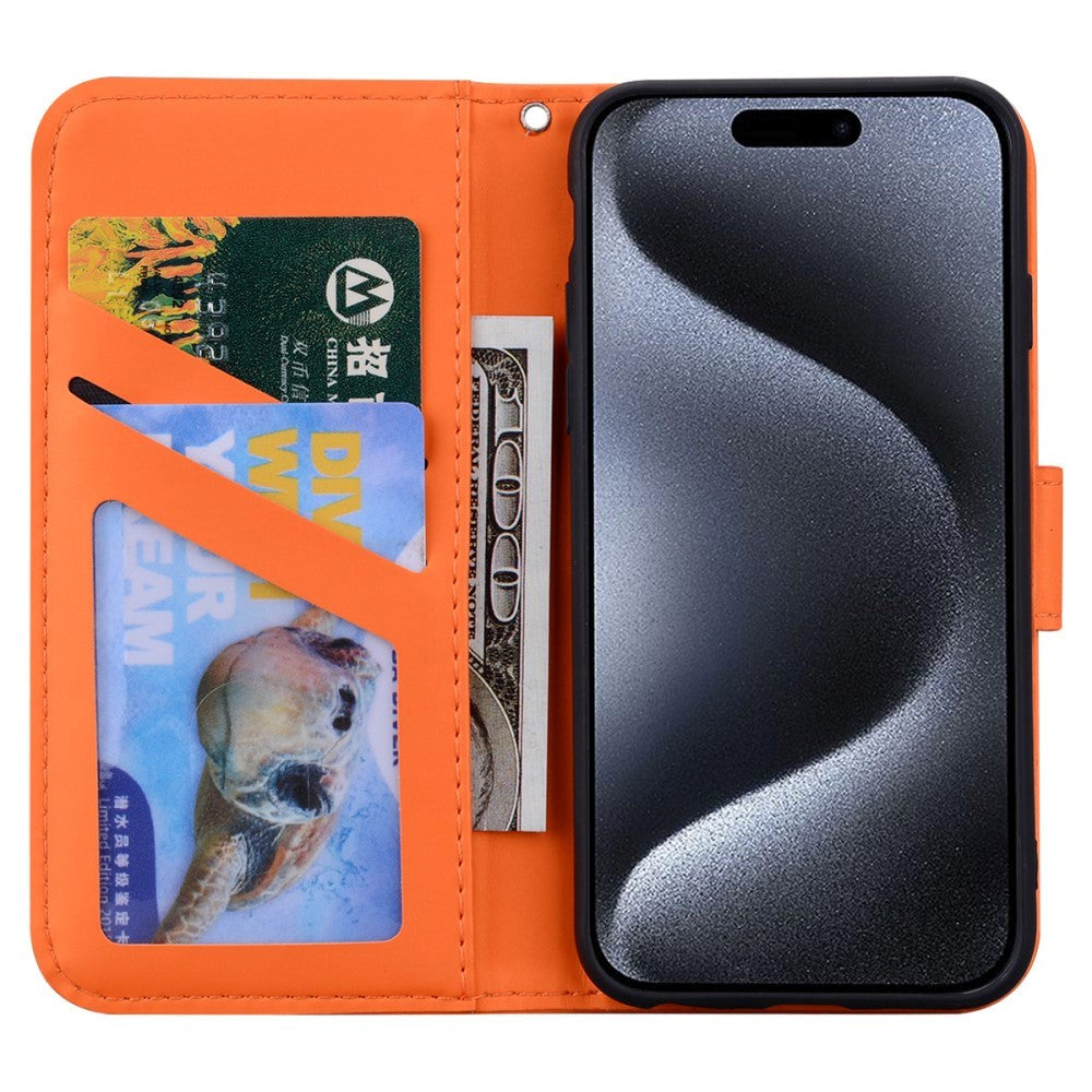 iPhone 15 Pro Flip Cover m. Kortholder / Ståfunktion / Strop - Orange (Frø)