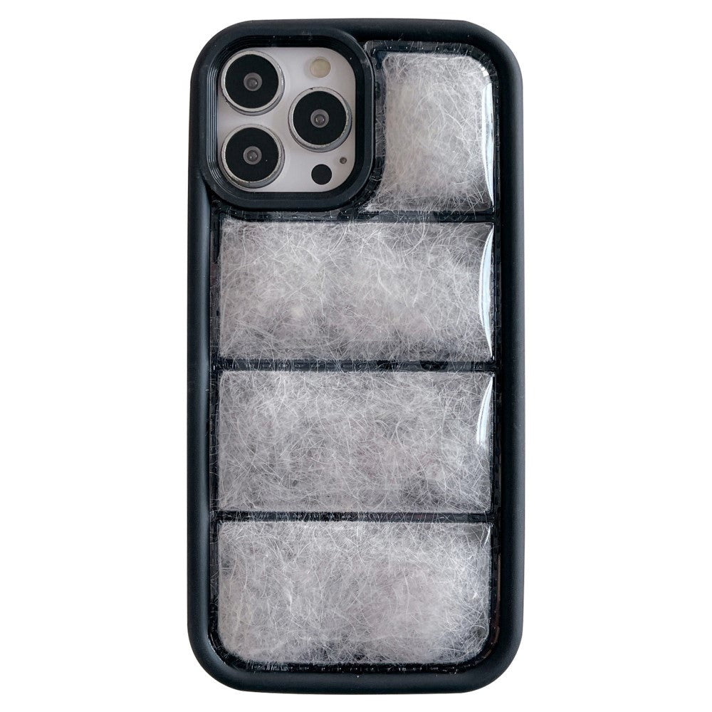 iPhone 15 Pro Fleksibelt Plastik Cover m. Dunjakke Tekstur - Sort / Hvid