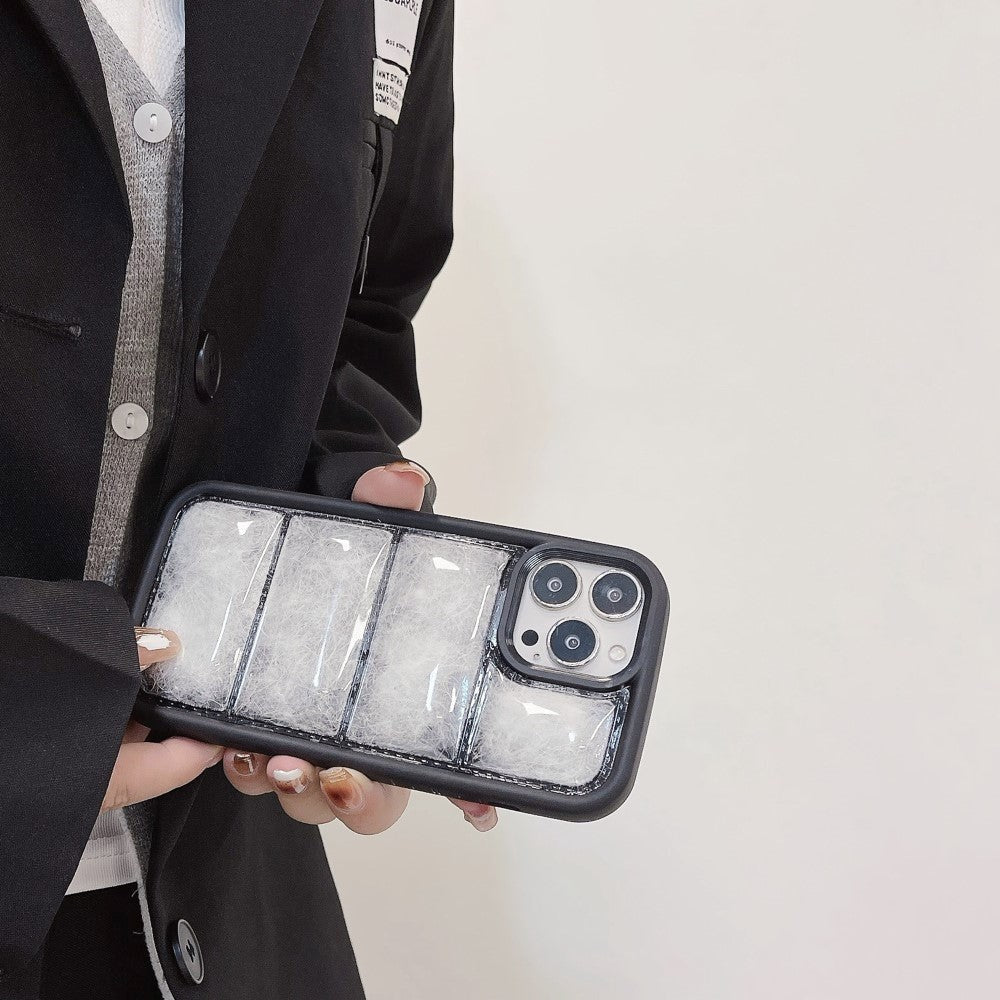 iPhone 15 Pro Fleksibelt Plastik Cover m. Dunjakke Tekstur - Sort / Hvid