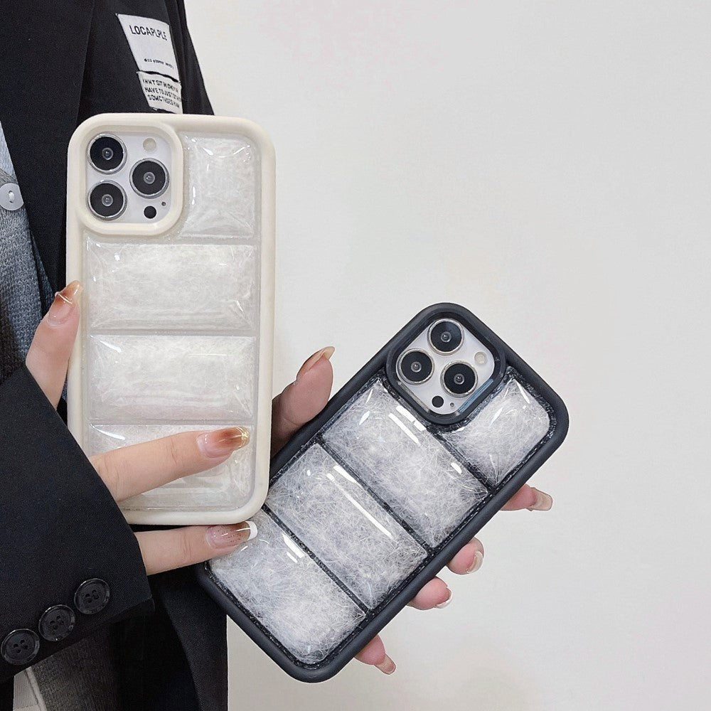 iPhone 15 Pro Fleksibelt Plastik Cover m. Dunjakke Tekstur - Sort / Hvid
