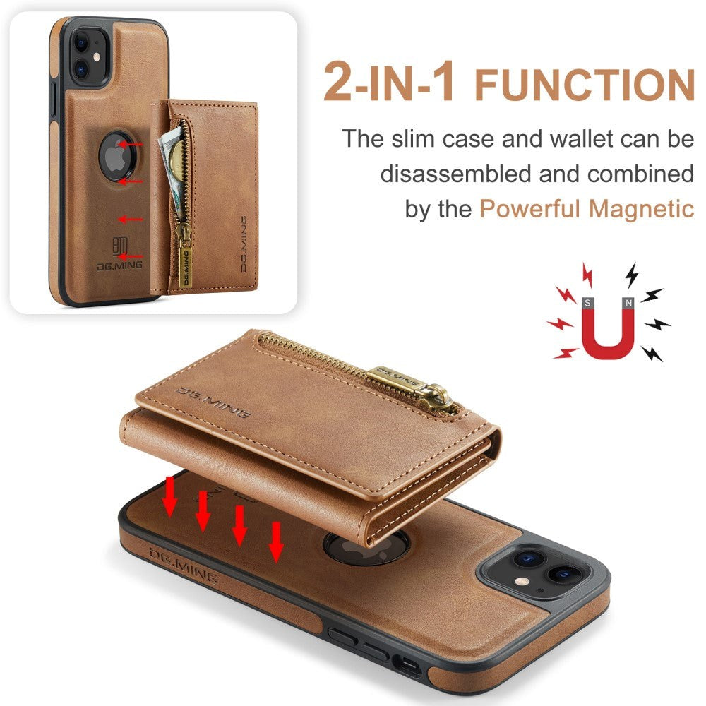 iPhone 11 Læderbetrukket Plastik Cover m. Magnetisk Aftagelig Pung - Lysebrun