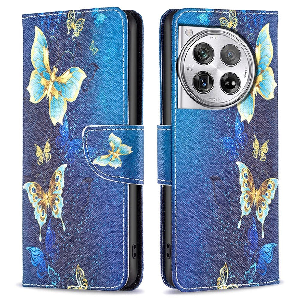 OnePlus 12 Læder Cover m. Pung - Gyldne Sommerfugle