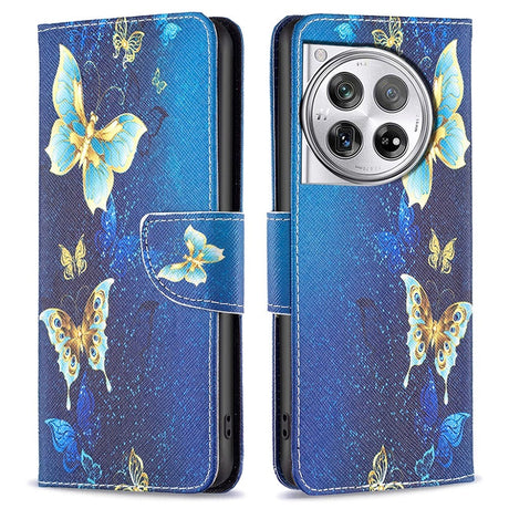 OnePlus 12 Læder Cover m. Pung - Gyldne Sommerfugle