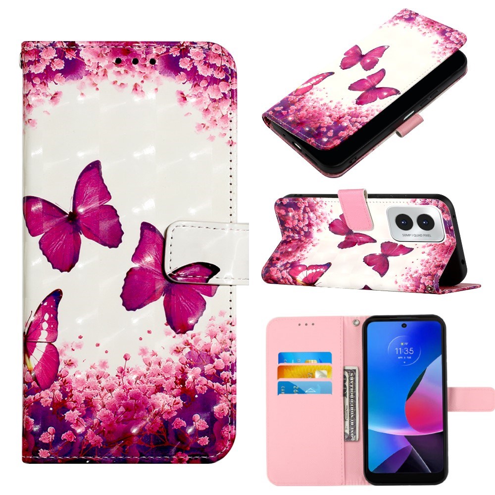 EIDERWOOD Motorola Moto G Play (2024) Læder Flip Cover m. Motiv, Pung & Strop - Sommerfugle
