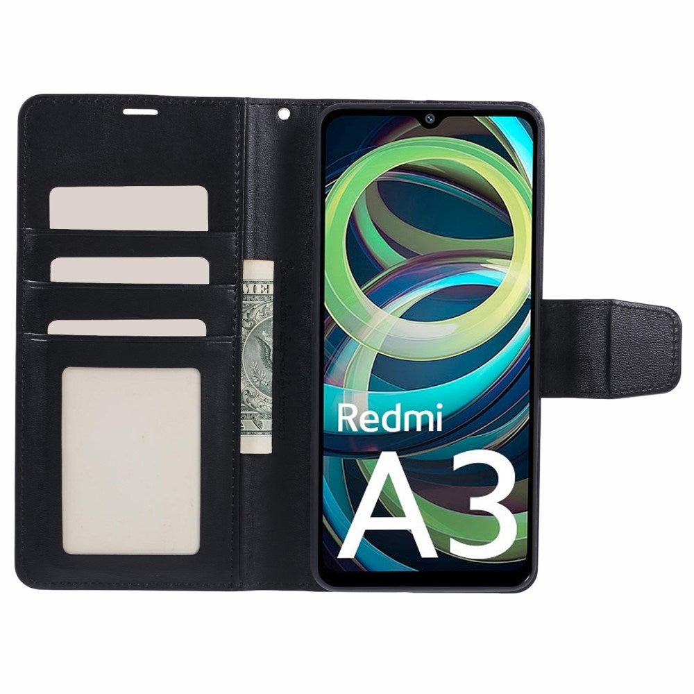 Xiaomi Redmi A3 Kunstlæder Flip Cover m. Pung & Ståfunktion - Sort
