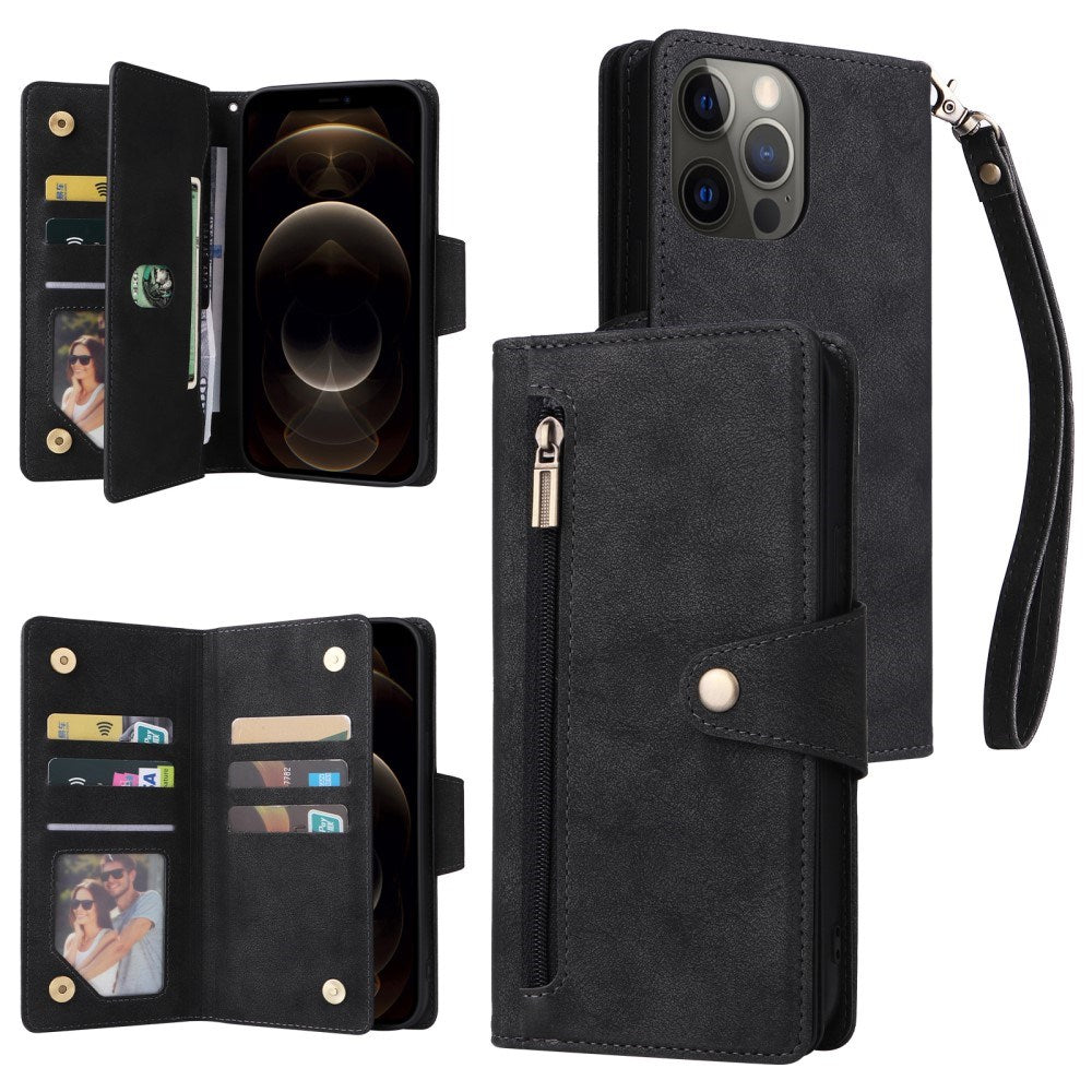 EIDERWOOD iPhone 12 Pro Max Flip Cover med Kortholder & Lynlåslomme - Sort
