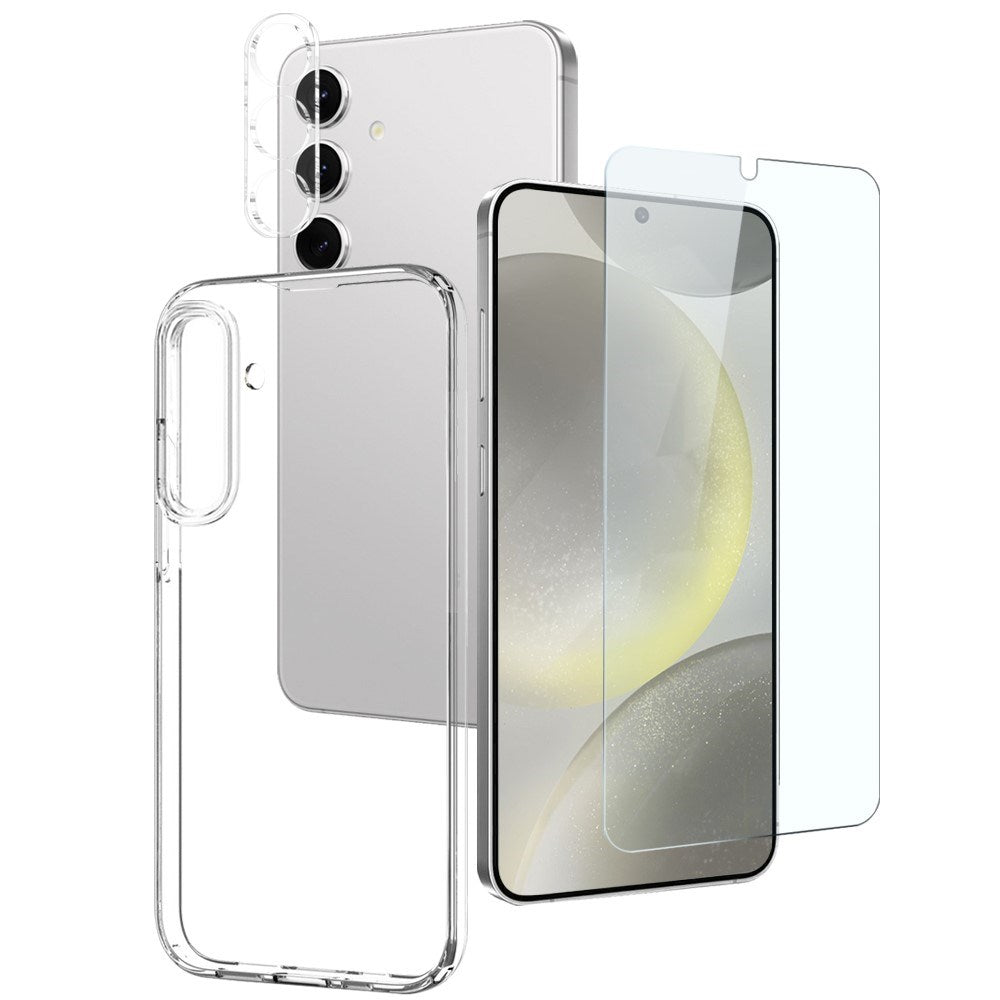 NORTHJO Samsung Galaxy S24 | 3-i-1 360° Beskyttelsessæt m. Cover | Skærmbeskyttelse | Kameralinsebeskyttelse - Gennemsigtig