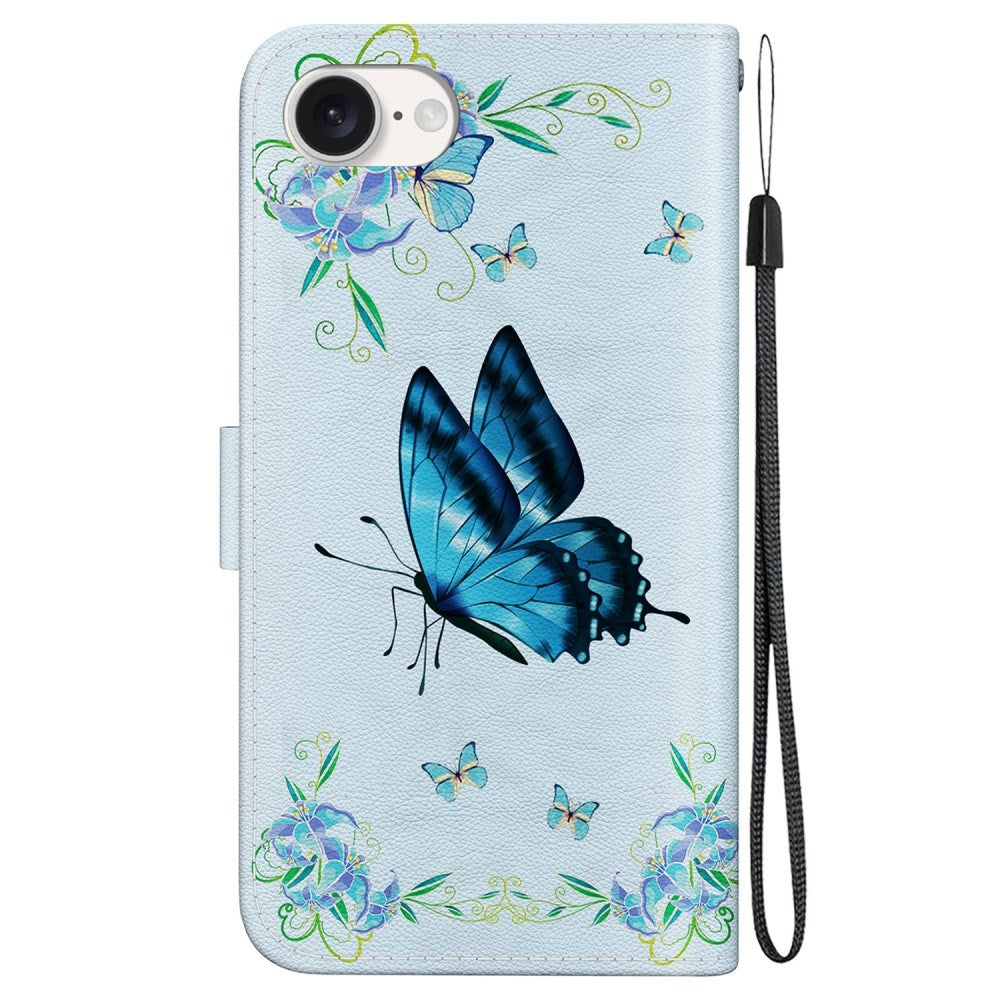EIDERWOOD iPhone 17e / 16e Imiteret Læder Cover m. Pung & Strop - Blå Sommerfugl