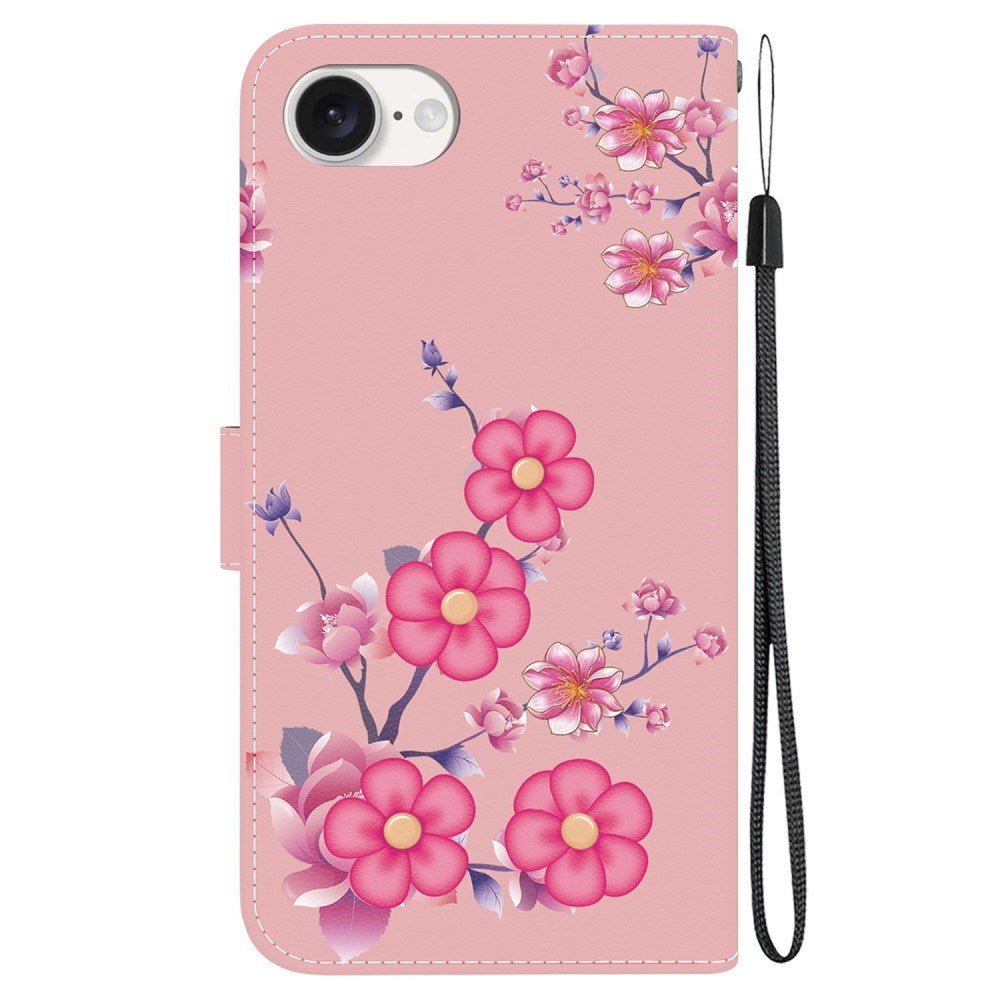 EIDERWOOD iPhone 17e / 16e Imiteret Læder Cover m. Pung & Strop - Lyserød med Blomster