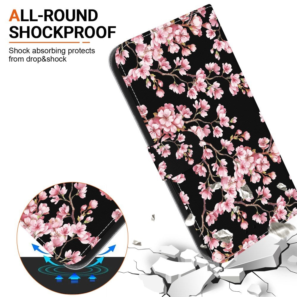 EIDERWOOD iPhone 17e / 16e Imiteret Læder Cover m. Pung & Strop - Sort med Blomster