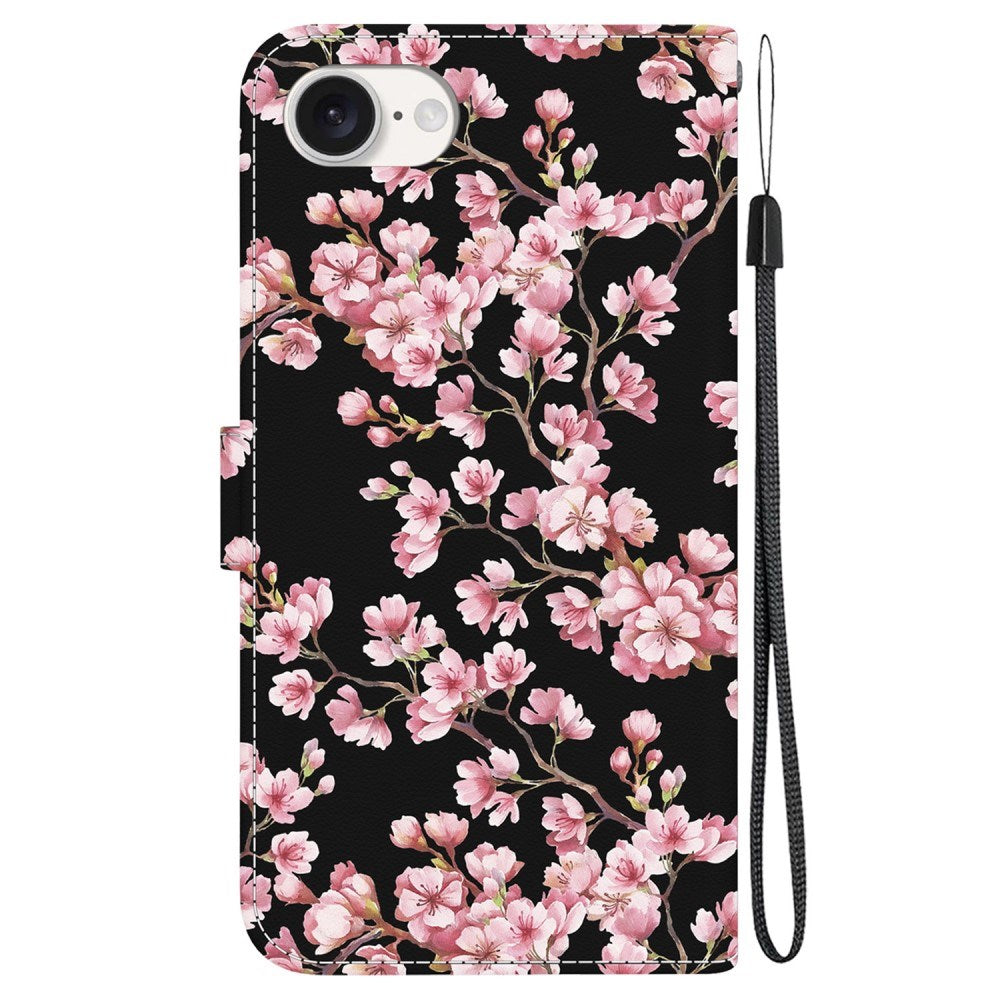 EIDERWOOD iPhone 17e / 16e Imiteret Læder Cover m. Pung & Strop - Sort med Blomster