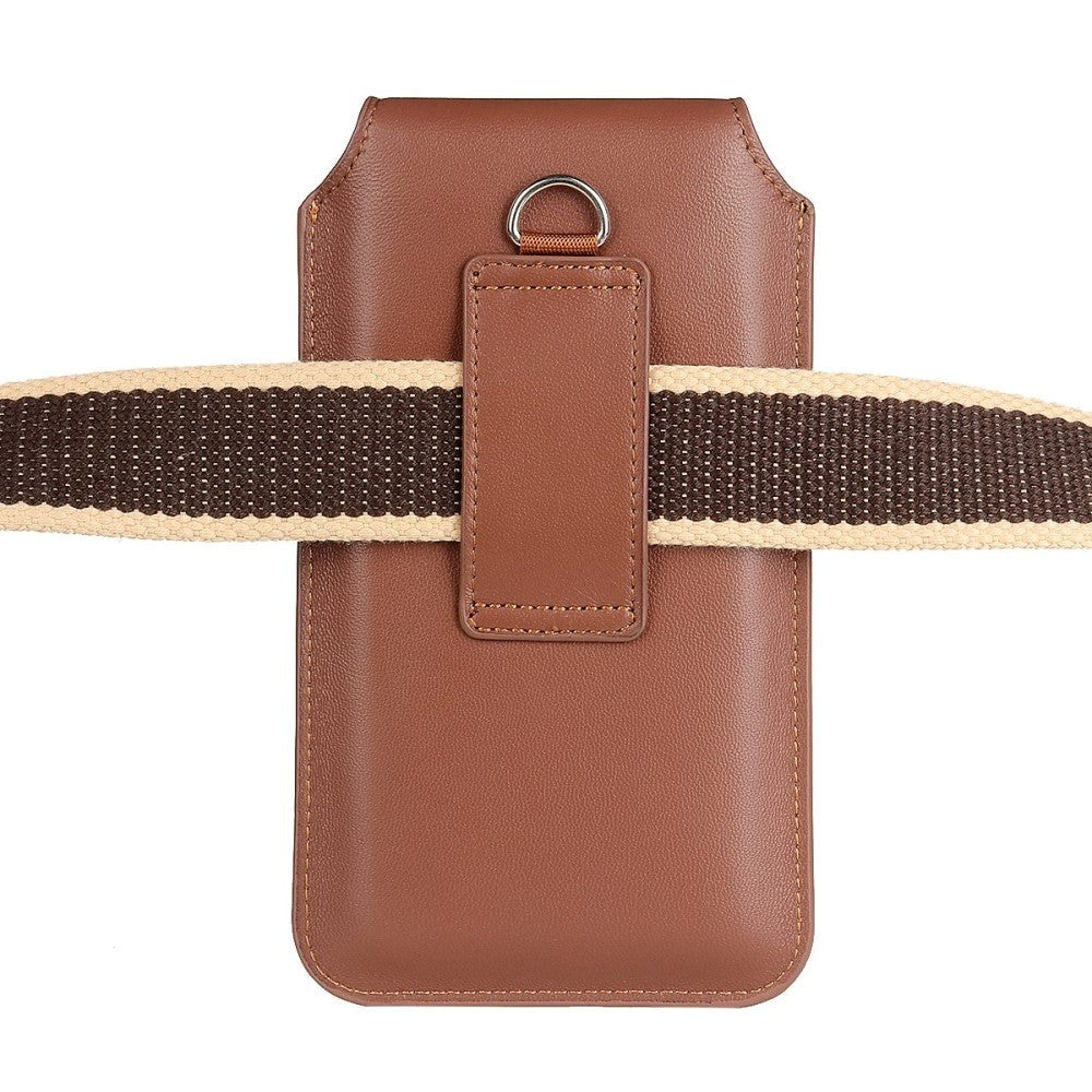 Universal Læder Bæltetaske til Mobil m. Karabinhage - Brun (Maks Mobil: 170 x 85 mm)