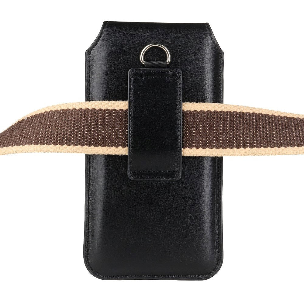 Universal Læder Bæltetaske til Mobil m. Karabinhage - Sort (Maks Mobil: 170x85 mm)