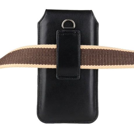 Universal Læder Bæltetaske til Mobil m. Karabinhage - Sort (Maks Mobil: 170x85 mm)