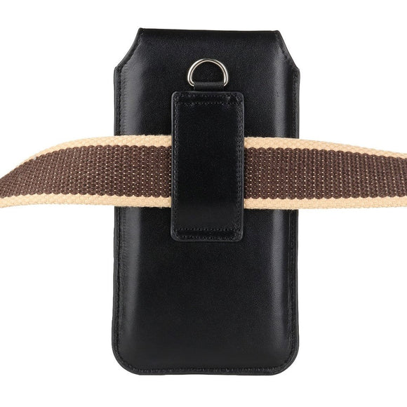 Universal Læder Bæltetaske til Mobil m. Karabinhage - Sort (Maks Mobil: 170x85 mm)