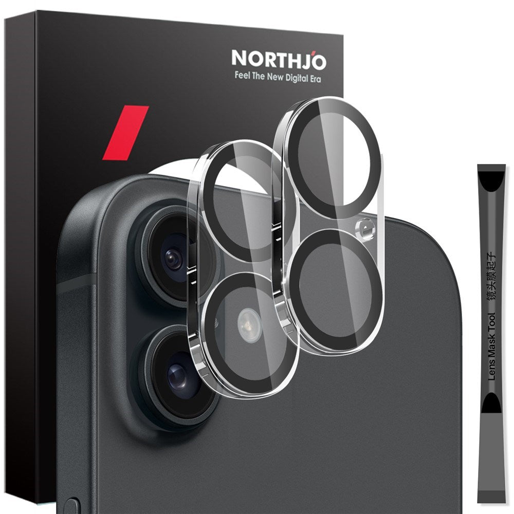 NORTHJO iPhone 16 / 16 Plus Hærdet Kameralinseglas - 2 stk. - Gennemsigtig / Sort Kant