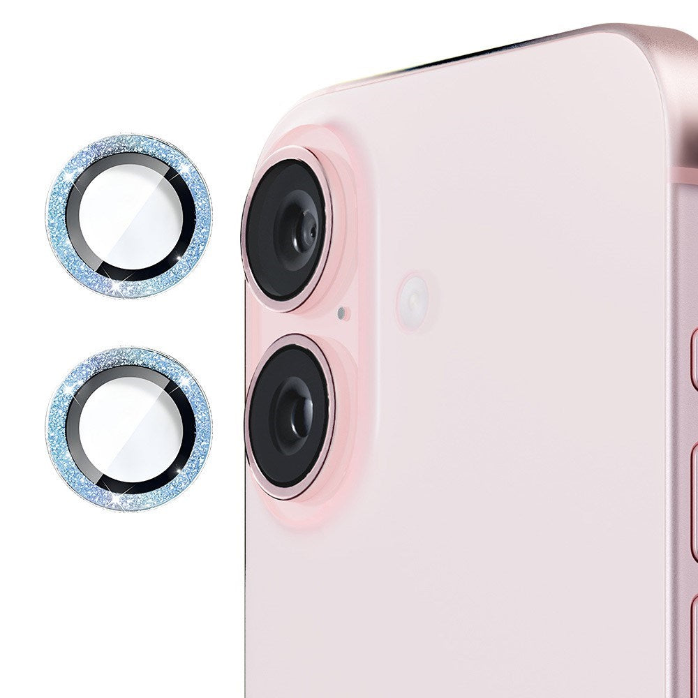 iPhone 16 / 16 Plus Kameralinse Beskyttelse m. Rhinsten - Lyse Blå
