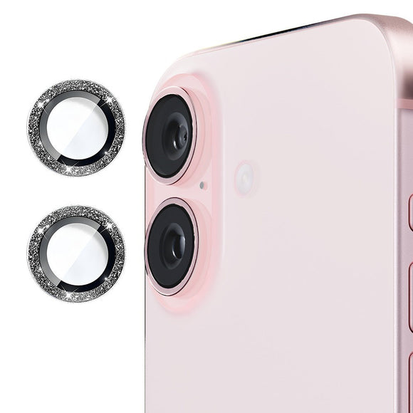 iPhone 16 / 16 Plus Kameralinse Beskyttelse m. Rhinsten - Sort