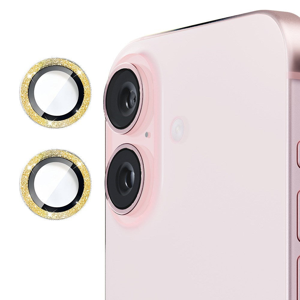 iPhone 16 / 16 Plus Kameralinse Beskyttelse m. Rhinsten - Guld