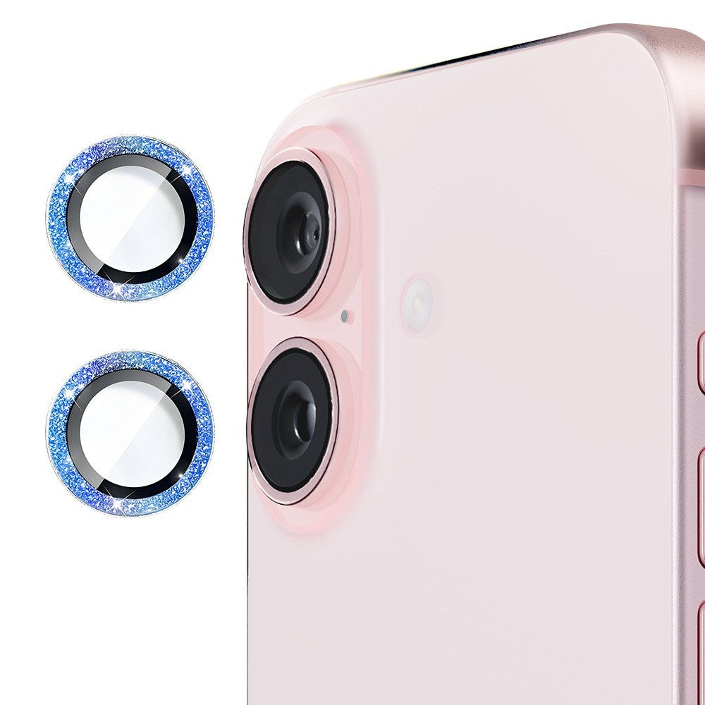 iPhone 16 / 16 Plus Kameralinse Beskyttelse m. Rhinsten - Blå