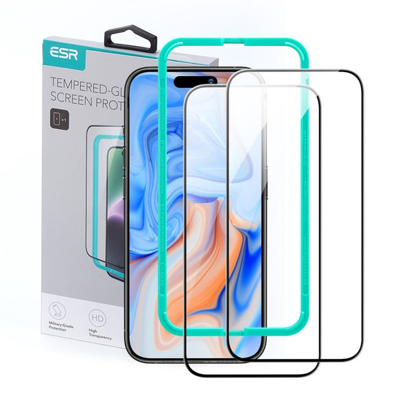 iPhone 16 Plus ESR Skærmbeskyttelse m. Monteringsramme - 2 stk - Sort Kant