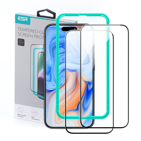 iPhone 16 ESR Skærmbeskyttelse m. Monteringsramme - 2 stk - Sort Kant