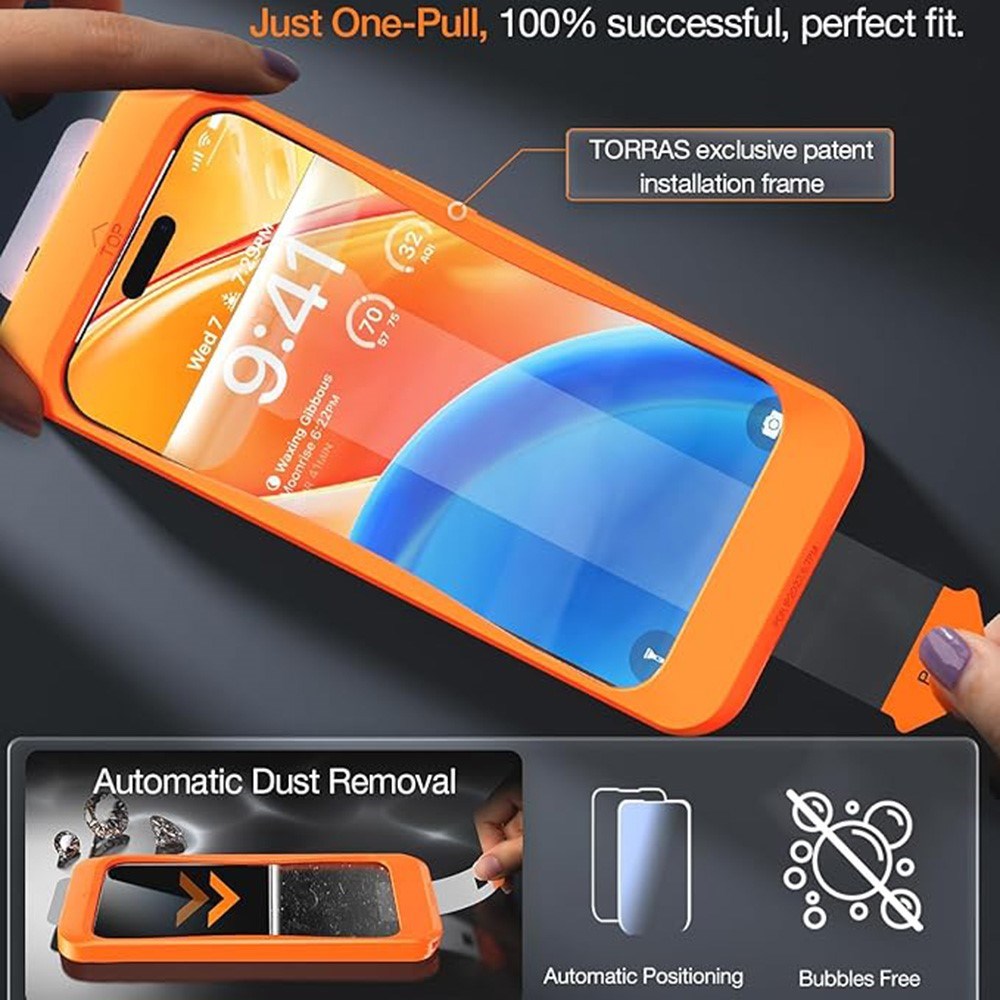 TORRAS iPhone 15 / 14 Pro Full Fit Hærdet Skærmbeskyttelsesglas m. Installationsramme - Gennemsigtig