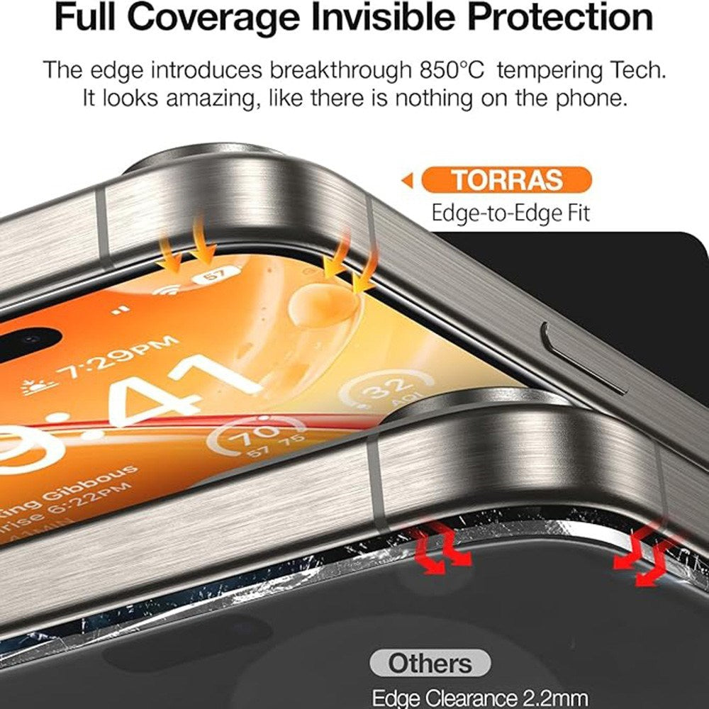 TORRAS iPhone 15 / 14 Pro Full Fit Hærdet Skærmbeskyttelsesglas m. Installationsramme - Gennemsigtig
