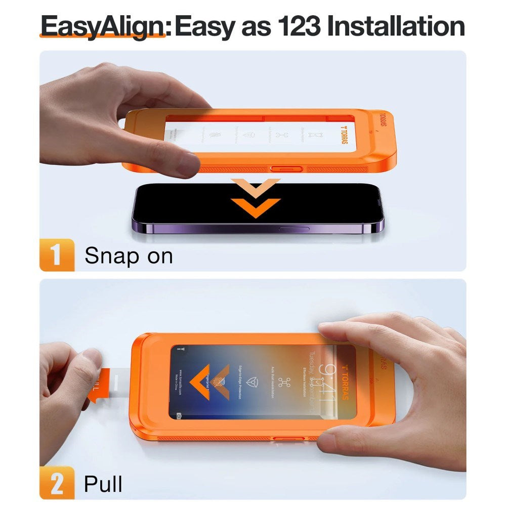 TORRAS iPhone 16 Pro Max Full Fit Skærmbeskyttelse m. Installationsramme - Privacy Funktion - Gennemsigtig