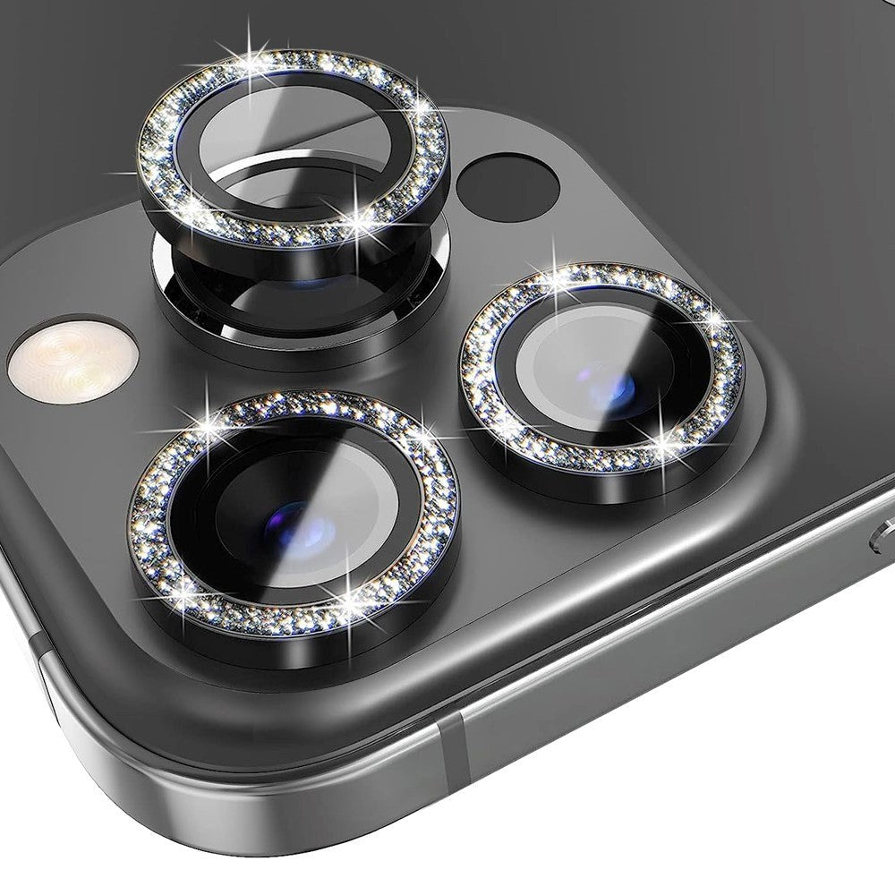 iPhone 13 Pro / 13 Pro Max Kamera Glasbeskyttelse m. Rhinsten - Sort