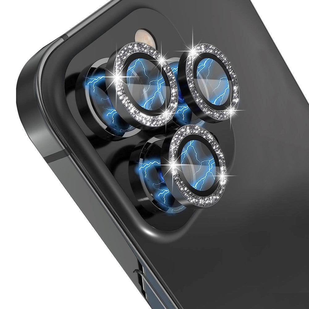 iPhone 13 Pro / 13 Pro Max Kamera Glasbeskyttelse m. Rhinsten - Sort