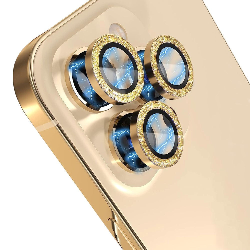 iPhone 13 Pro / 13 Pro Max Kamera Glasbeskyttelse m. Rhinsten - Guld