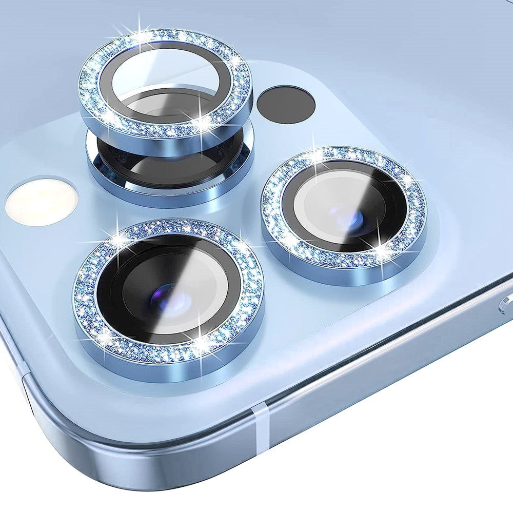 iPhone 13 Pro / 13 Pro Max Kamera Glasbeskyttelse m. Rhinsten - Blå