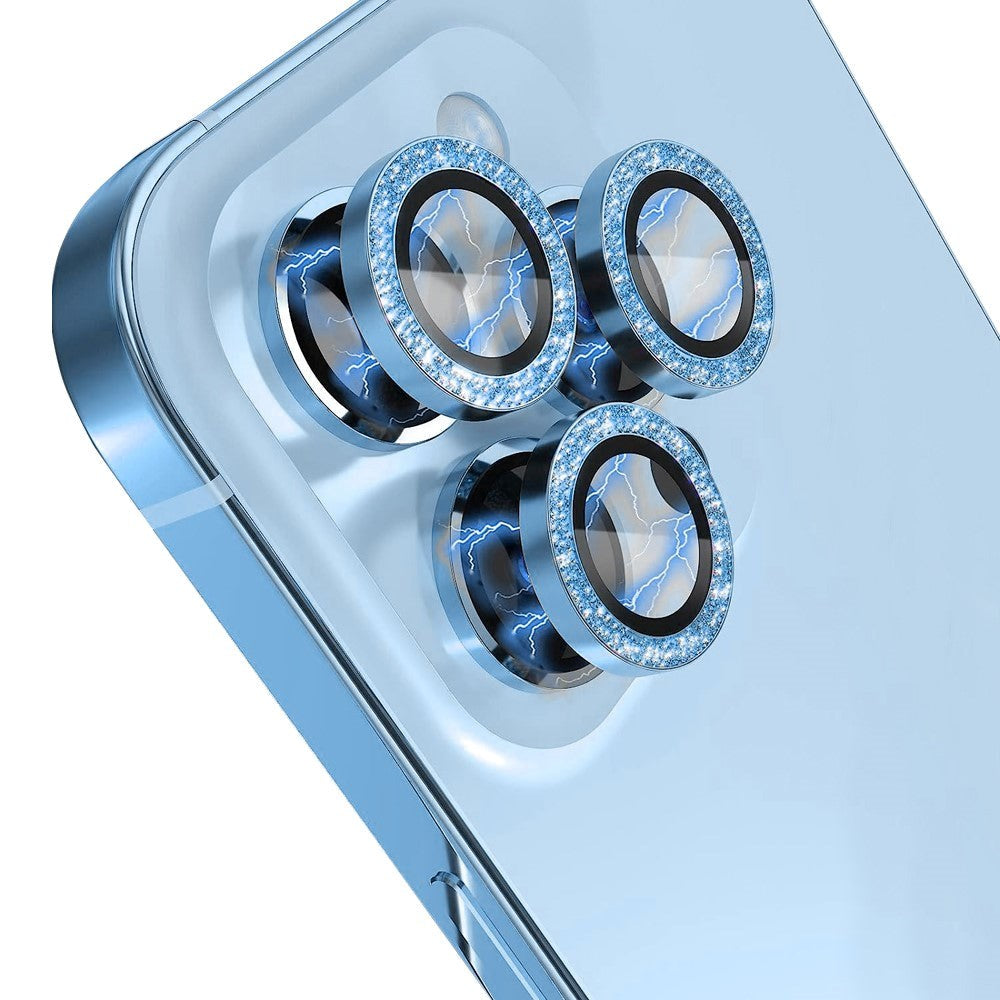 iPhone 13 Pro / 13 Pro Max Kamera Glasbeskyttelse m. Rhinsten - Blå