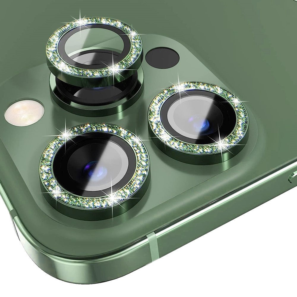 iPhone 13 Pro / 13 Pro Max Kamera Glasbeskyttelse m. Rhinsten - Grøn