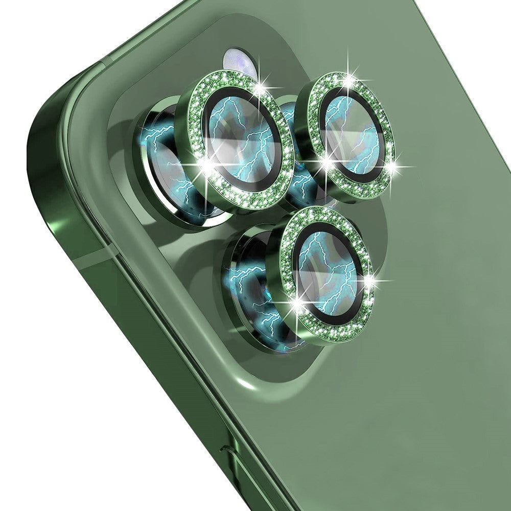 iPhone 13 Pro / 13 Pro Max Kamera Glasbeskyttelse m. Rhinsten - Grøn