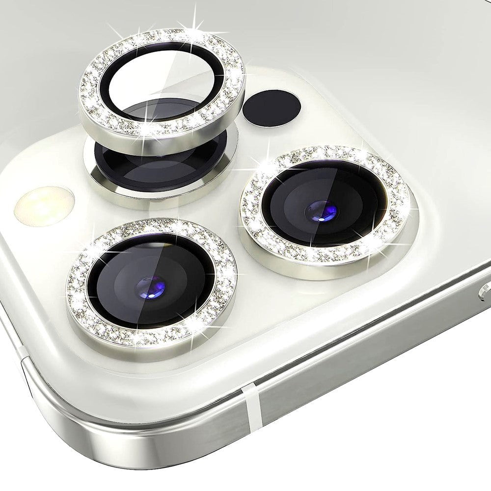 iPhone 13 Pro / 13 Pro Max Kamera Glasbeskyttelse m. Rhinsten - Sølv