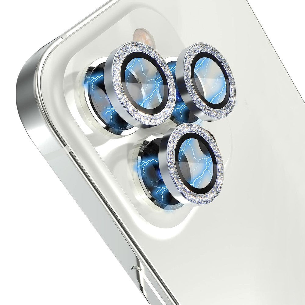 iPhone 13 Pro / 13 Pro Max Kamera Glasbeskyttelse m. Rhinsten - Sølv
