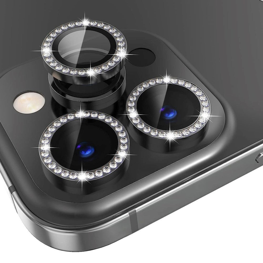 iPhone 14 Pro / 14 Pro Max Kamera Glasbeskyttelse m. Rhinsten - Sort