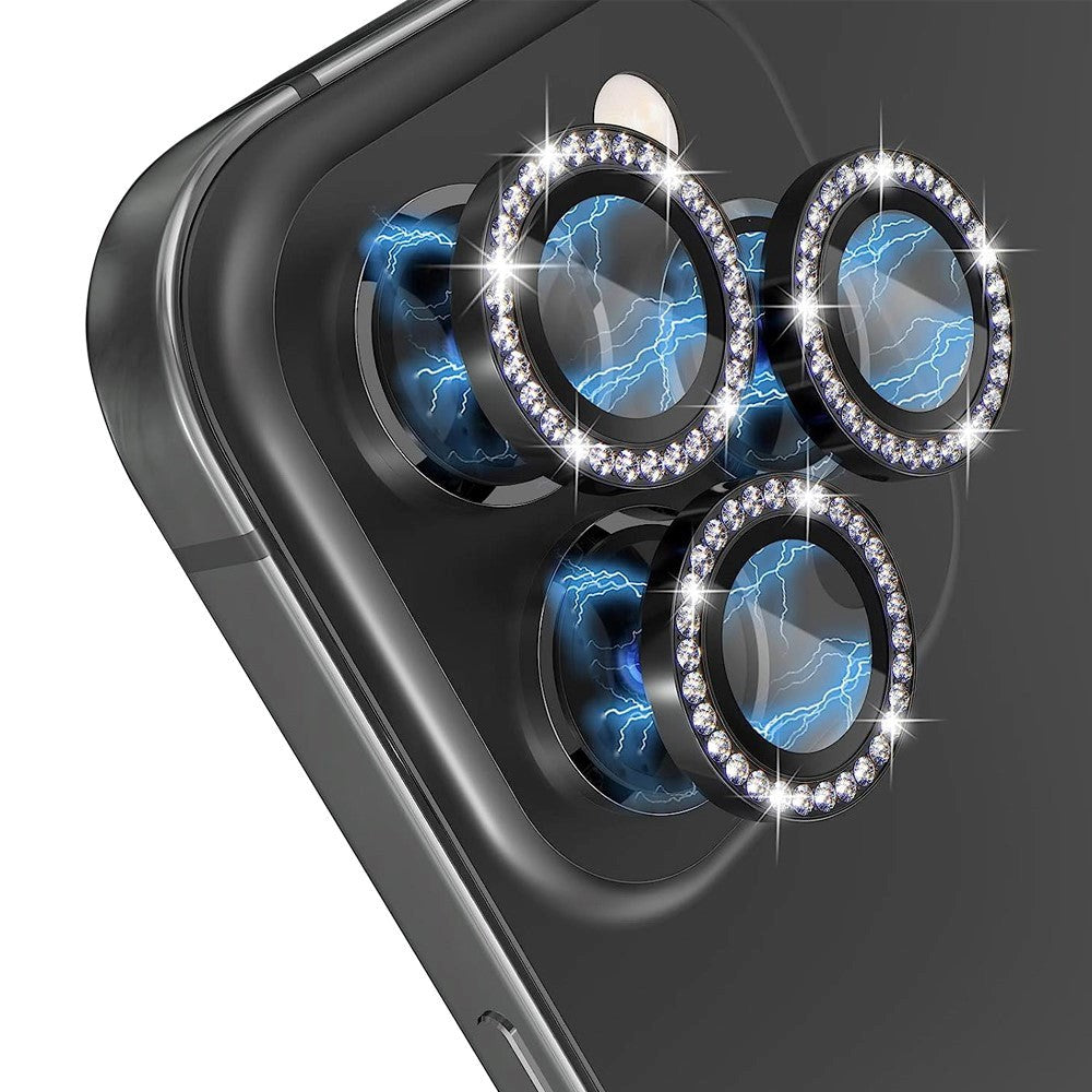 iPhone 14 Pro / 14 Pro Max Kamera Glasbeskyttelse m. Rhinsten - Sort