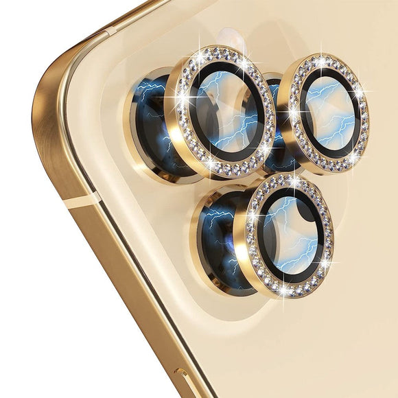 iPhone 14 Pro / 14 Pro Max Kamera Glasbeskyttelse m. Rhinsten - Guld