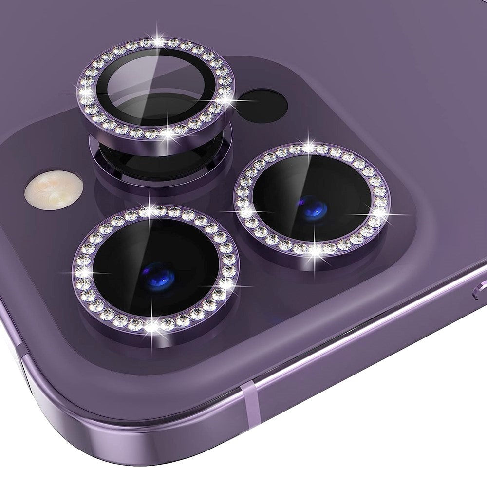iPhone 14 Pro / 14 Pro Max Kamera Glasbeskyttelse m. Rhinsten - Lilla
